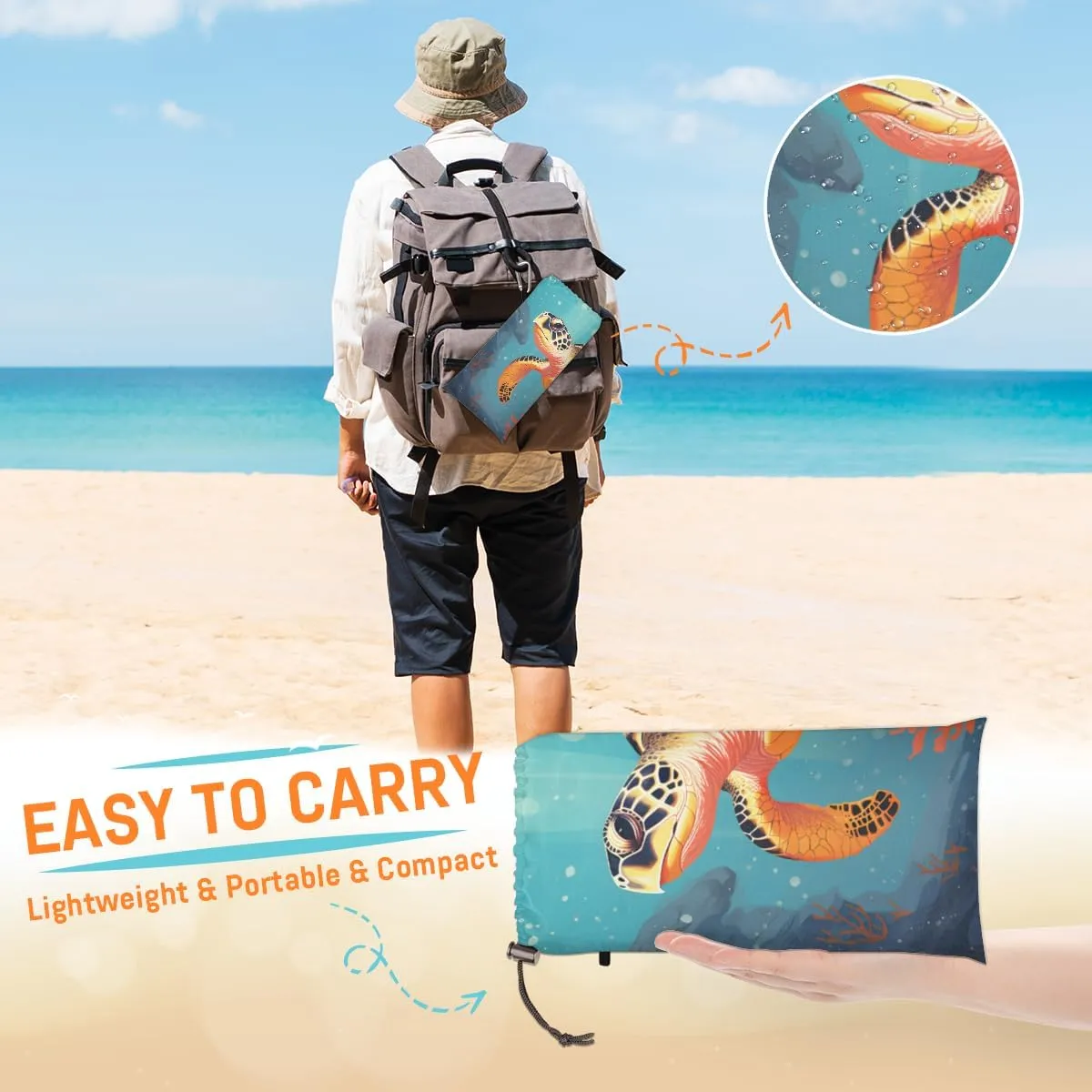 Beach Blanket, Turtle Sandproof Beach Mat, Waterproof Quick Drying Sand Free Mat with 4 x Ground Spikes for Outdoor Travel Camping Hiking, Coral 68 x 59 in
