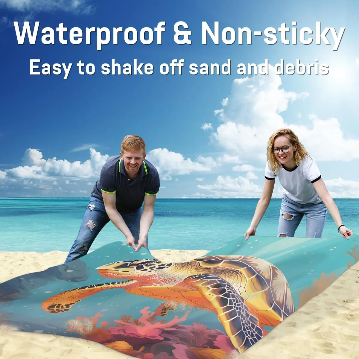 Beach Blanket, Turtle Sandproof Beach Mat, Waterproof Quick Drying Sand Free Mat with 4 x Ground Spikes for Outdoor Travel Camping Hiking, Coral 68 x 59 in