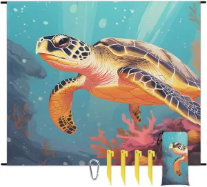 Beach Blanket, Turtle Sandproof Beach Mat, Waterproof Quick Drying Sand Free Mat with 4 x Ground Spikes for Outdoor Travel Camping Hiking, Coral 68 x 59 in