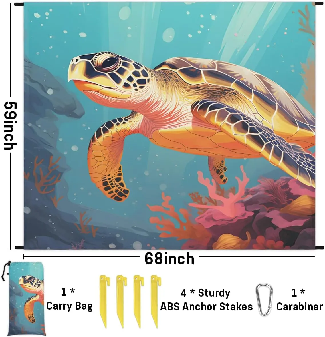 Beach Blanket, Turtle Sandproof Beach Mat, Waterproof Quick Drying Sand Free Mat with 4 x Ground Spikes for Outdoor Travel Camping Hiking, Coral 68 x 59 in