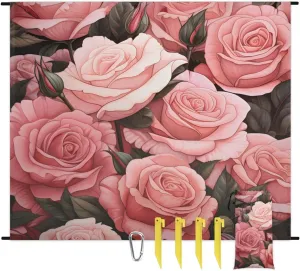 Beach Blanket, Valentine's Day Flower Sandproof Beach Mat, Waterproof Quick Drying Sand Free Mat with 4 x Ground Spikes for Outdoor Travel Camping Hiking, Vintage Floral Roses 68 x 59 in