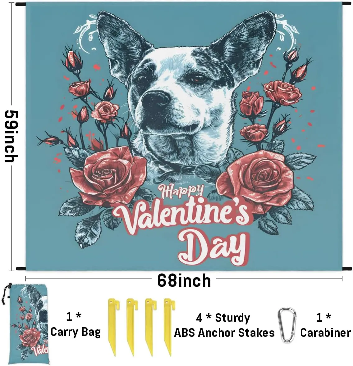 Beach Blanket, Valentines Day Sandproof Beach Mat, Waterproof Quick Drying Sand Free Mat with 4 x Ground Spikes for Outdoor Travel Camping Hiking, Cute Dogs Floral 68 x 59 in