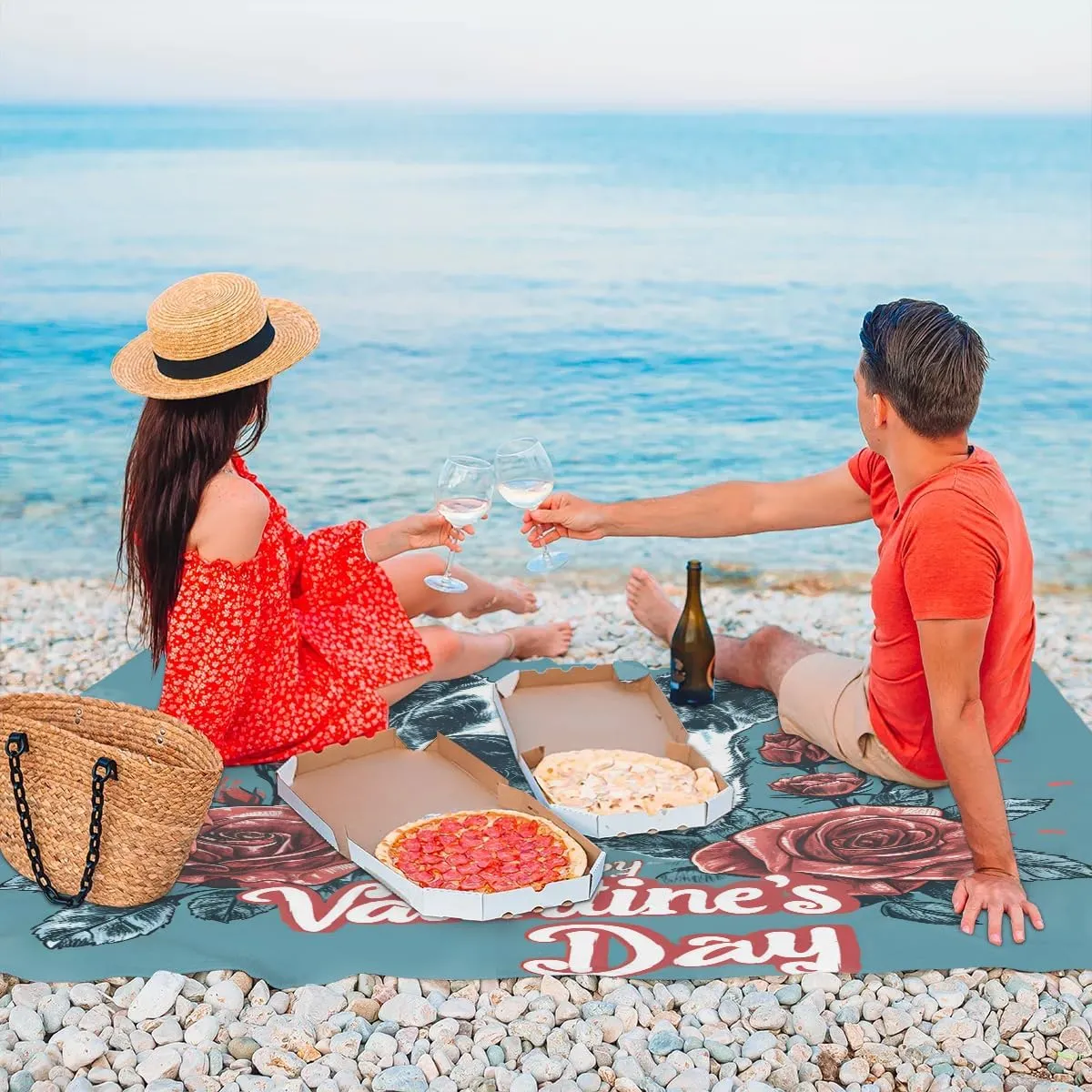 Beach Blanket, Valentines Day Sandproof Beach Mat, Waterproof Quick Drying Sand Free Mat with 4 x Ground Spikes for Outdoor Travel Camping Hiking, Cute Dogs Floral 68 x 59 in