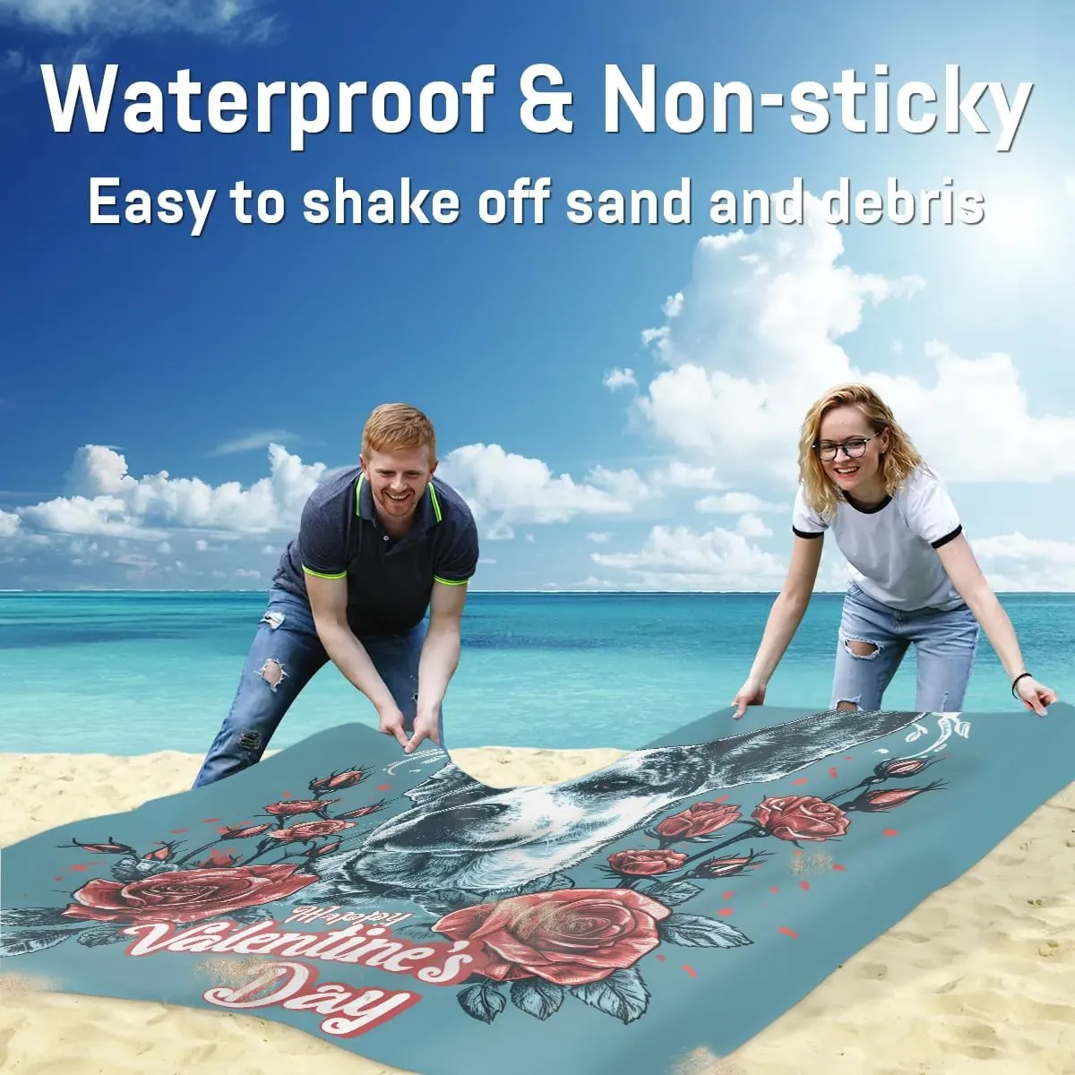 Beach Blanket, Valentines Day Sandproof Beach Mat, Waterproof Quick Drying Sand Free Mat with 4 x Ground Spikes for Outdoor Travel Camping Hiking, Cute Dogs Floral 68 x 59 in