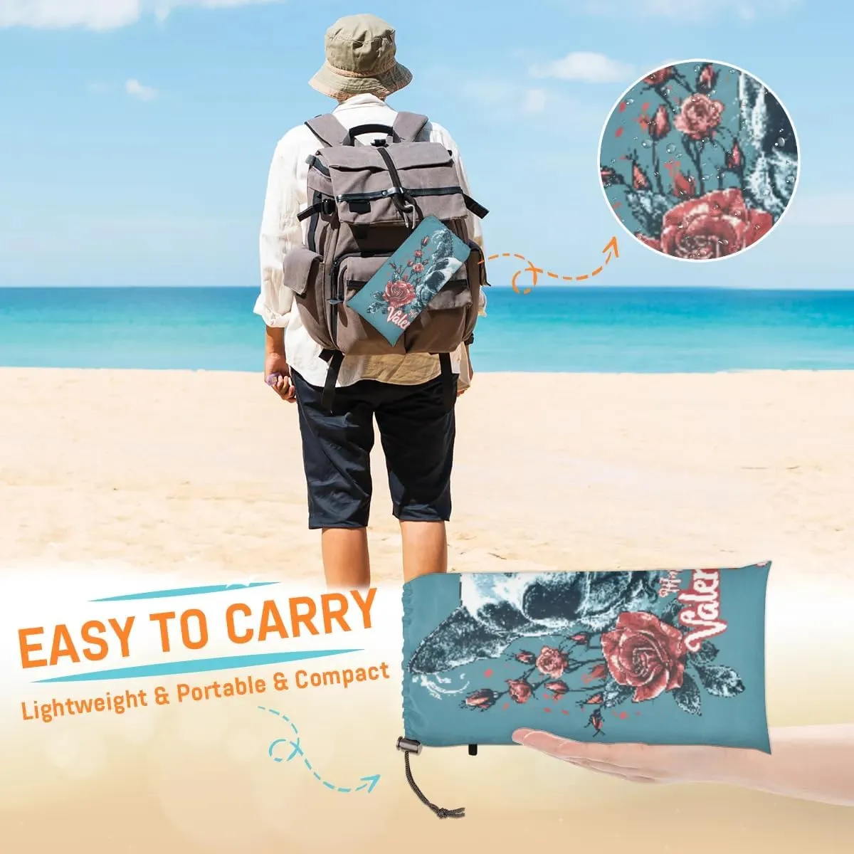 Beach Blanket, Valentines Day Sandproof Beach Mat, Waterproof Quick Drying Sand Free Mat with 4 x Ground Spikes for Outdoor Travel Camping Hiking, Cute Dogs Floral 68 x 59 in
