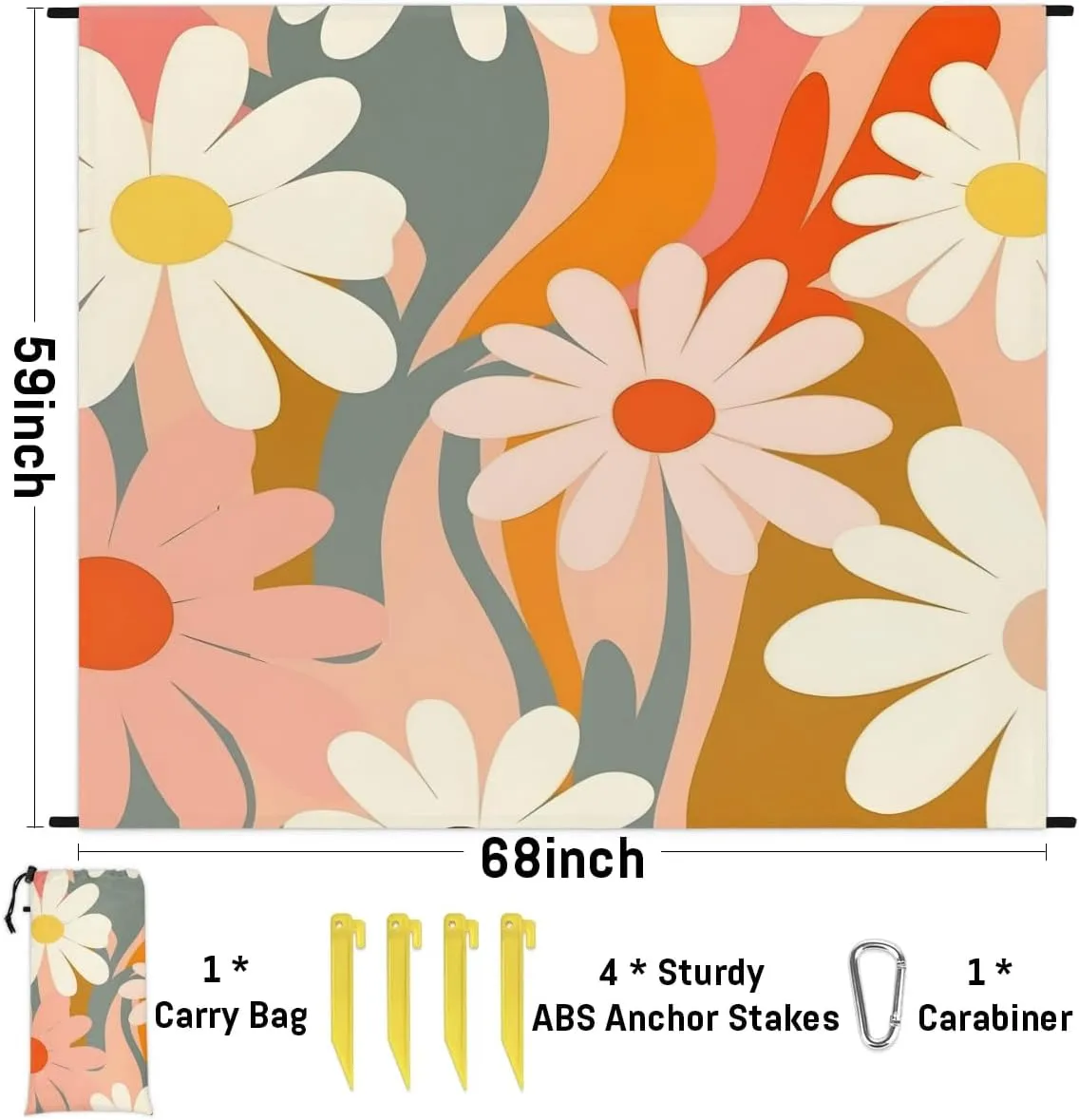 Beach Blanket, Vintage Groovy Daisy Boho Sandproof Beach Mat, Waterproof Quick Drying Sand Free Mat with 4 x Ground Spikes for Outdoor Travel Camping Hiking, Spring Daisy 68 x 59 in
