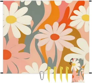 Beach Blanket, Vintage Groovy Daisy Boho Sandproof Beach Mat, Waterproof Quick Drying Sand Free Mat with 4 x Ground Spikes for Outdoor Travel Camping Hiking, Spring Daisy 68 x 59 in