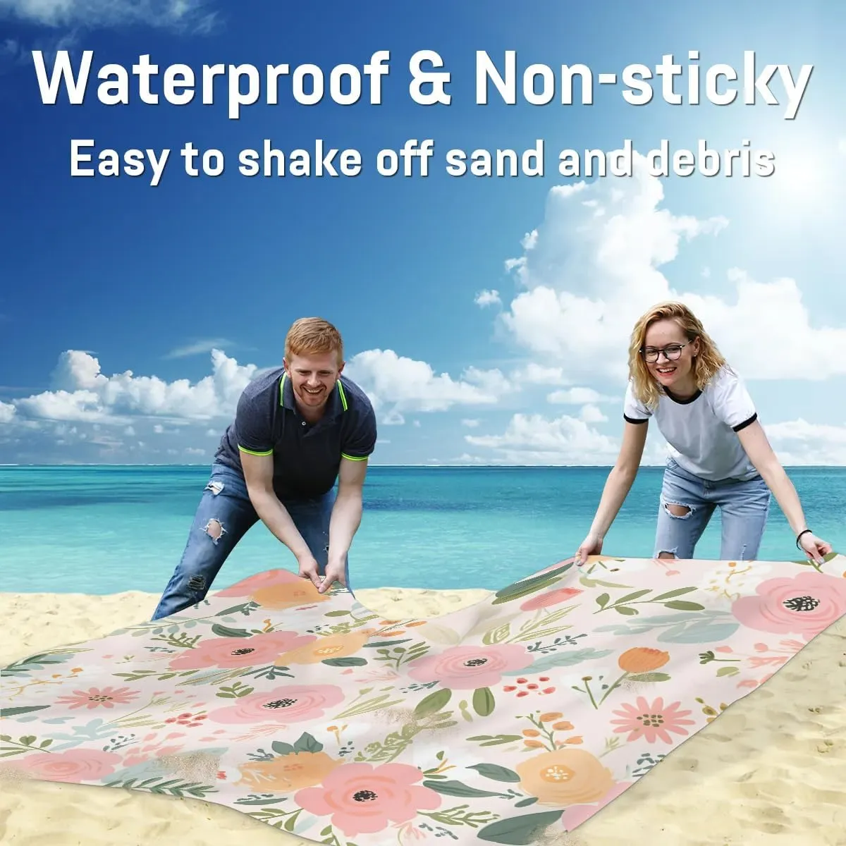 Beach Blanket, Wildflowers Sandproof Beach Mat, Waterproof Quick Drying Sand Free Mat with 4 x Ground Spikes for Outdoor Travel Camping Hiking, Eucalyptus Leaves Daisy 68 x 59 in