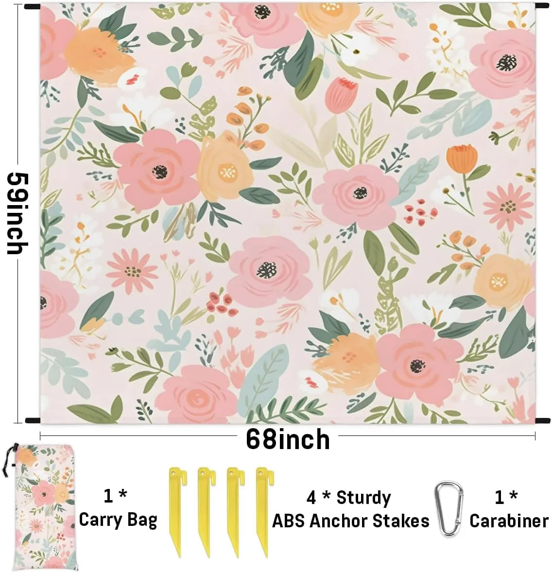 Beach Blanket, Wildflowers Sandproof Beach Mat, Waterproof Quick Drying Sand Free Mat with 4 x Ground Spikes for Outdoor Travel Camping Hiking, Eucalyptus Leaves Daisy 68 x 59 in