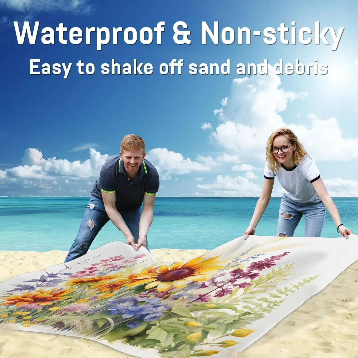 Beach Blanket, Wildflowers Sandproof Beach Mat, Waterproof Quick Drying Sand Free Mat with 4 x Ground Spikes for Outdoor Travel Camping Hiking, Sunflower 68 x 59 in