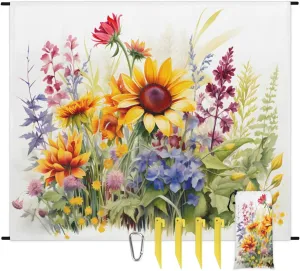 Beach Blanket, Wildflowers Sandproof Beach Mat, Waterproof Quick Drying Sand Free Mat with 4 x Ground Spikes for Outdoor Travel Camping Hiking, Sunflower 68 x 59 in
