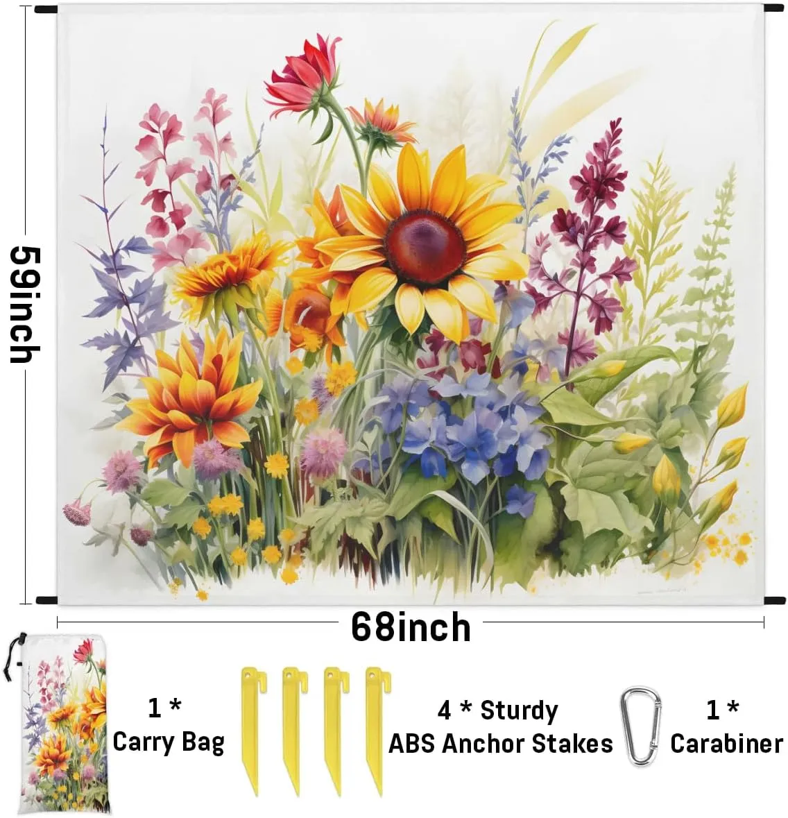 Beach Blanket, Wildflowers Sandproof Beach Mat, Waterproof Quick Drying Sand Free Mat with 4 x Ground Spikes for Outdoor Travel Camping Hiking, Sunflower 68 x 59 in