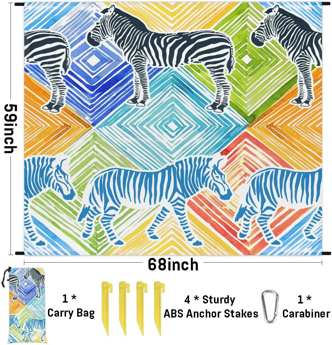 Beach Blanket, Zebra Print Sandproof Beach Mat, Waterproof Quick Drying Sand Free Mat with 4 x Ground Spikes for Outdoor Travel Camping Hiking, Colorful Animals 68 x 59 in