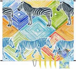 Beach Blanket, Zebra Print Sandproof Beach Mat, Waterproof Quick Drying Sand Free Mat with 4 x Ground Spikes for Outdoor Travel Camping Hiking, Colorful Animals 68 x 59 in