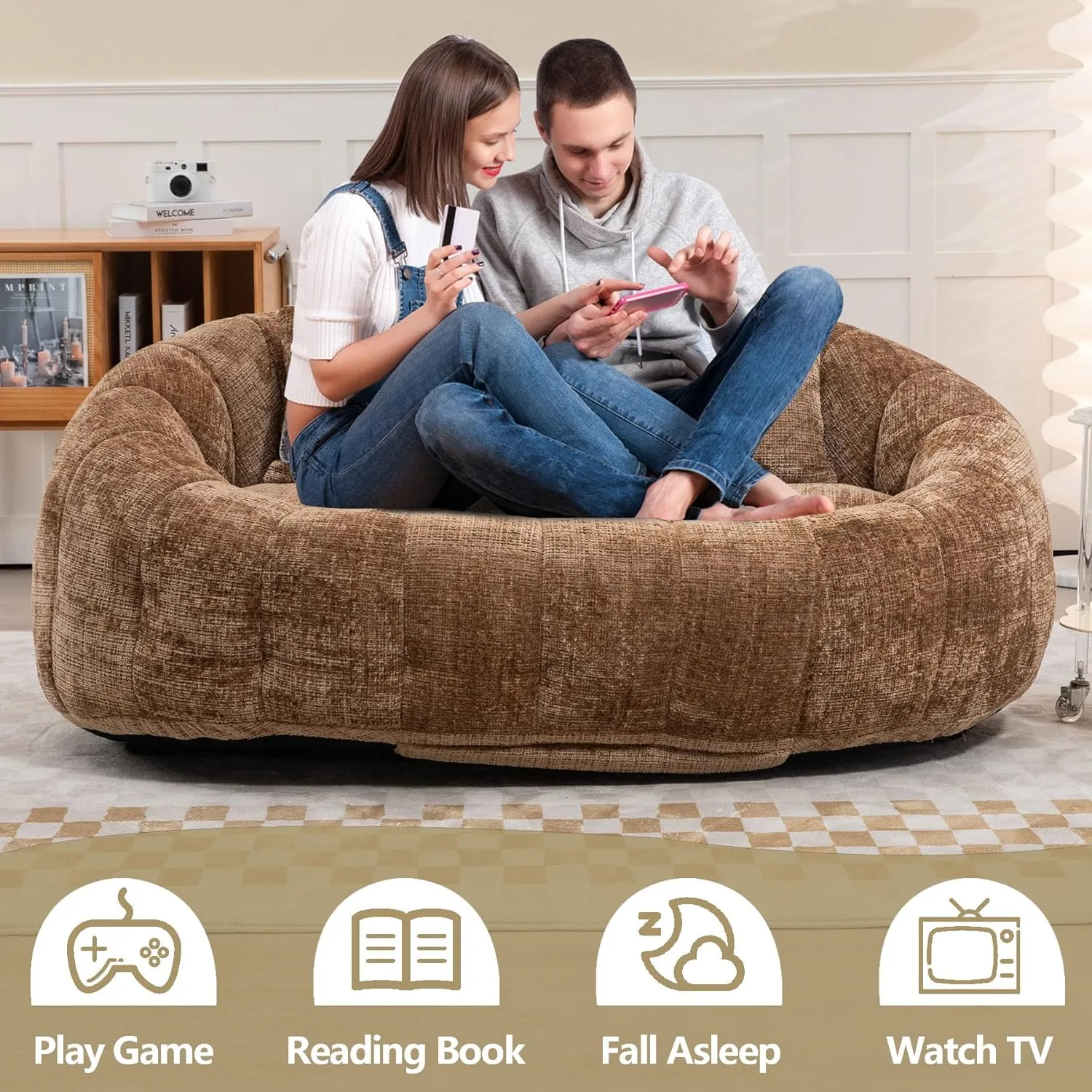 Bean Bag Sofa, Giant Bean Bag Loveseat with Pillows, Floor Lounger for Adults, Lazy Sofa with Foam Padding for Indoor (Coffee)