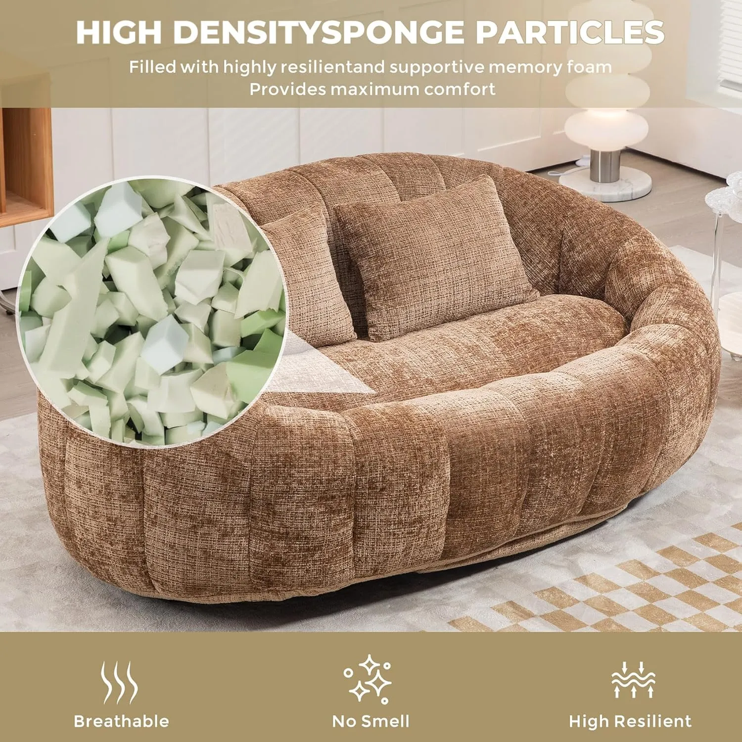 Bean Bag Sofa, Giant Bean Bag Loveseat with Pillows, Floor Lounger for Adults, Lazy Sofa with Foam Padding for Indoor (Coffee)
