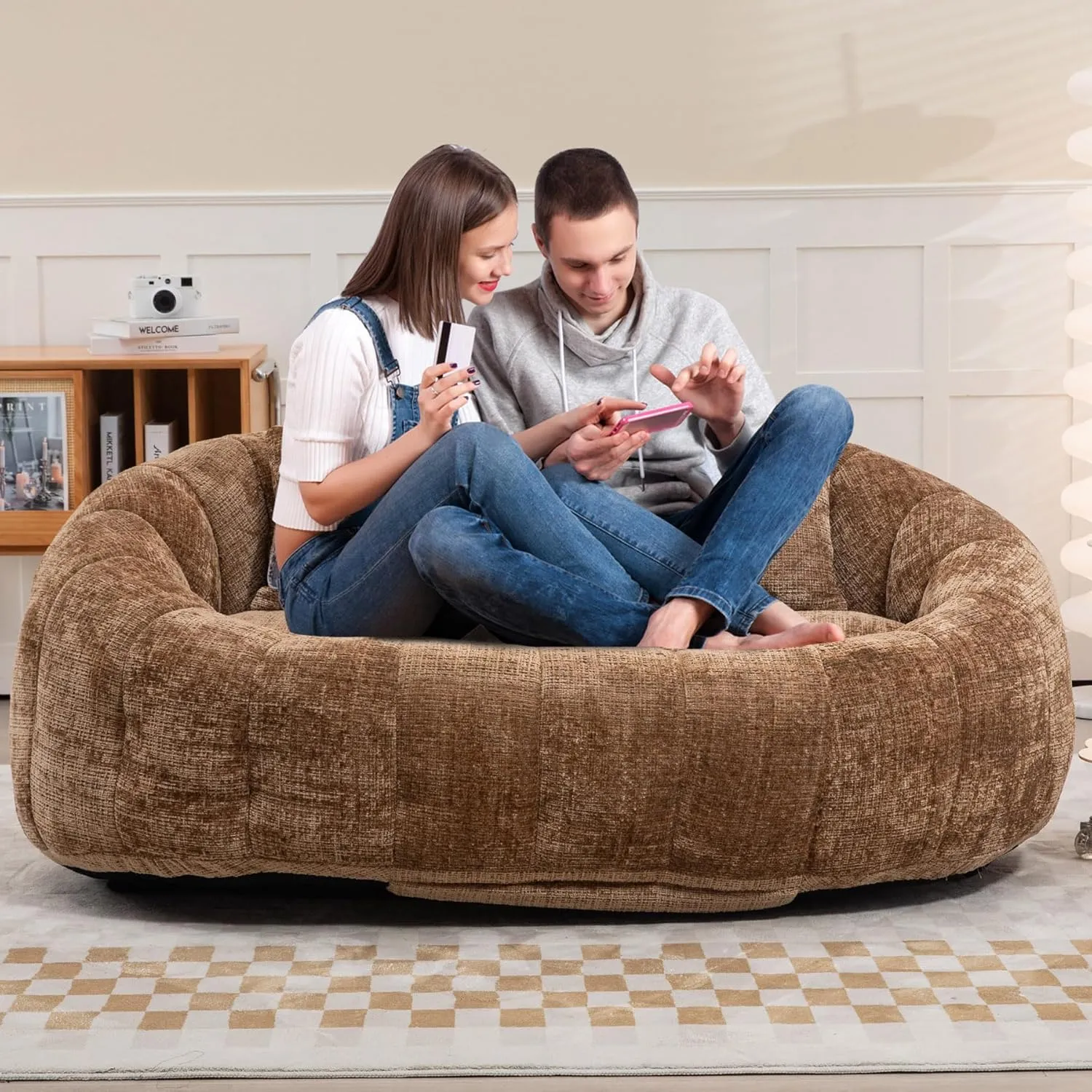 Bean Bag Sofa, Giant Bean Bag Loveseat with Pillows, Floor Lounger for Adults, Lazy Sofa with Foam Padding for Indoor (Coffee)