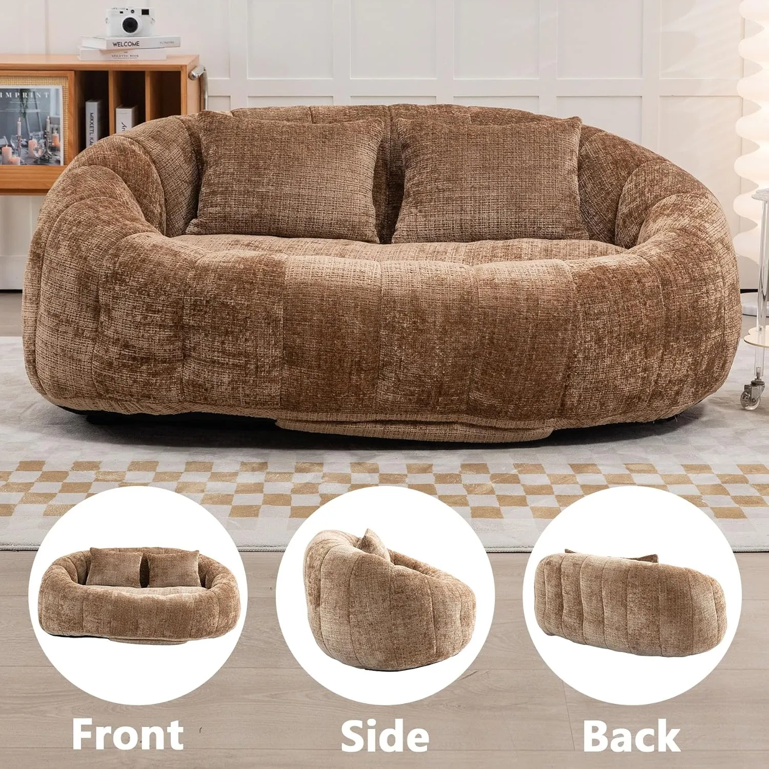Bean Bag Sofa, Giant Bean Bag Loveseat with Pillows, Floor Lounger for Adults, Lazy Sofa with Foam Padding for Indoor (Coffee)