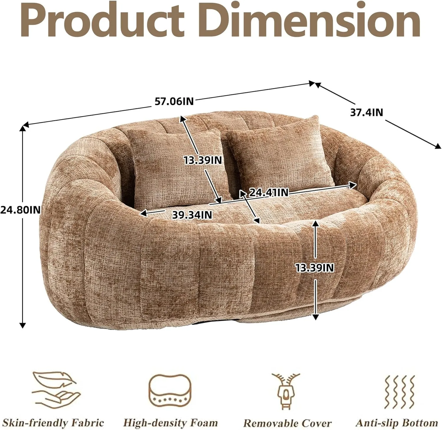 Bean Bag Sofa, Giant Bean Bag Loveseat with Pillows, Floor Lounger for Adults, Lazy Sofa with Foam Padding for Indoor (Coffee)