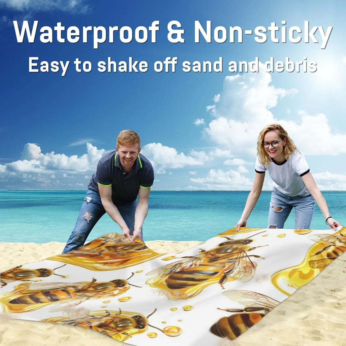 Bee Beach Blanket, Sandproof Beach Mat, Adults Waterproof Quick Drying Sand Free Mat with 4 x Ground Spikes for Outdoor Travel Camping Hiking, Farmhouse Honey Bee