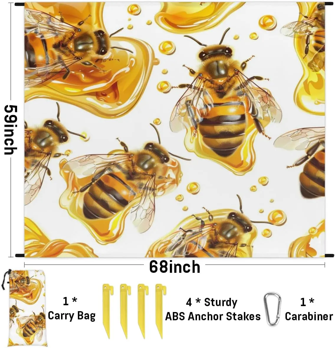 Bee Beach Blanket, Sandproof Beach Mat, Adults Waterproof Quick Drying Sand Free Mat with 4 x Ground Spikes for Outdoor Travel Camping Hiking, Farmhouse Honey Bee