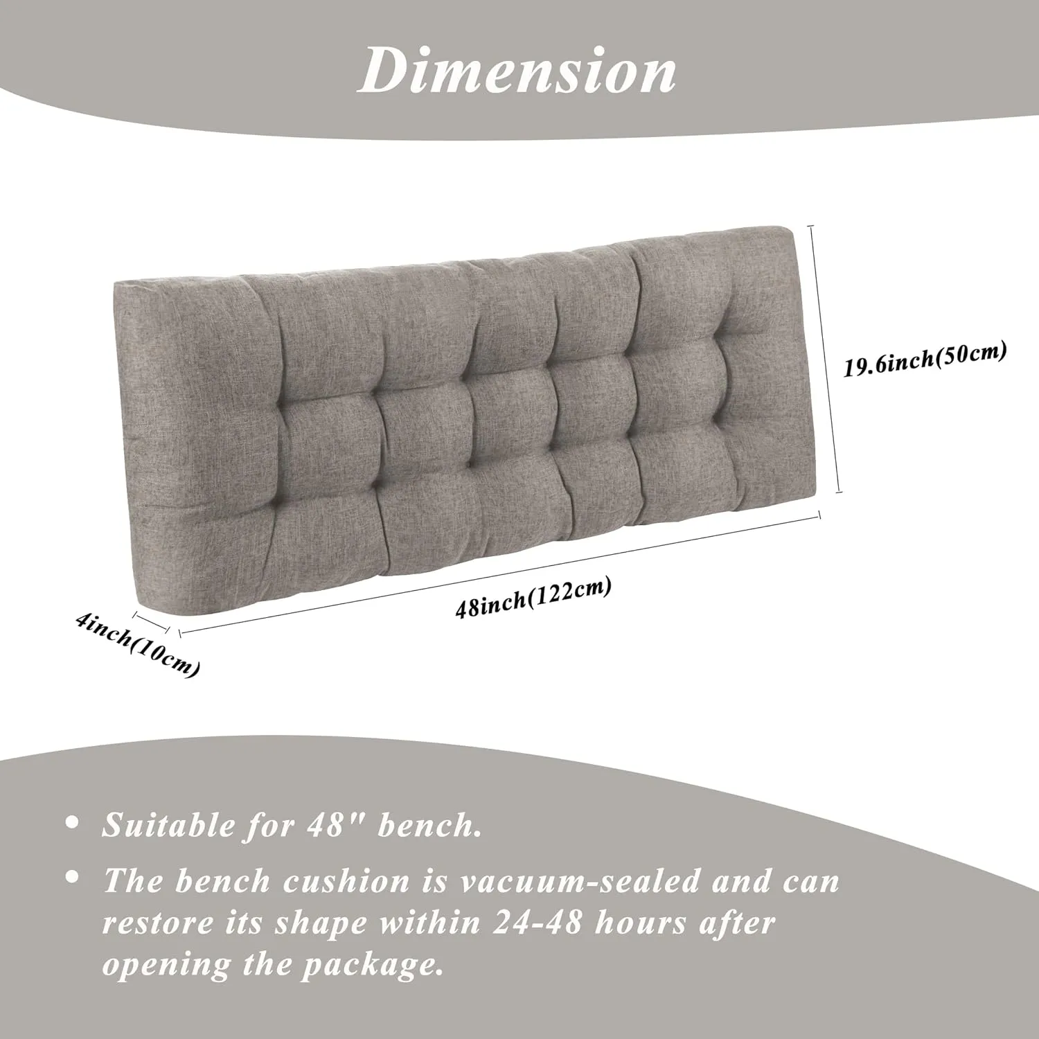 Bench Cushion for Indoor Furniture 48 x 19 inch Rectangle Bench Seat Cushion for Bay Window Entryway Bench Thick Textured Chair Cushion with Non-Slip Backing 1 Pack, Light Grey