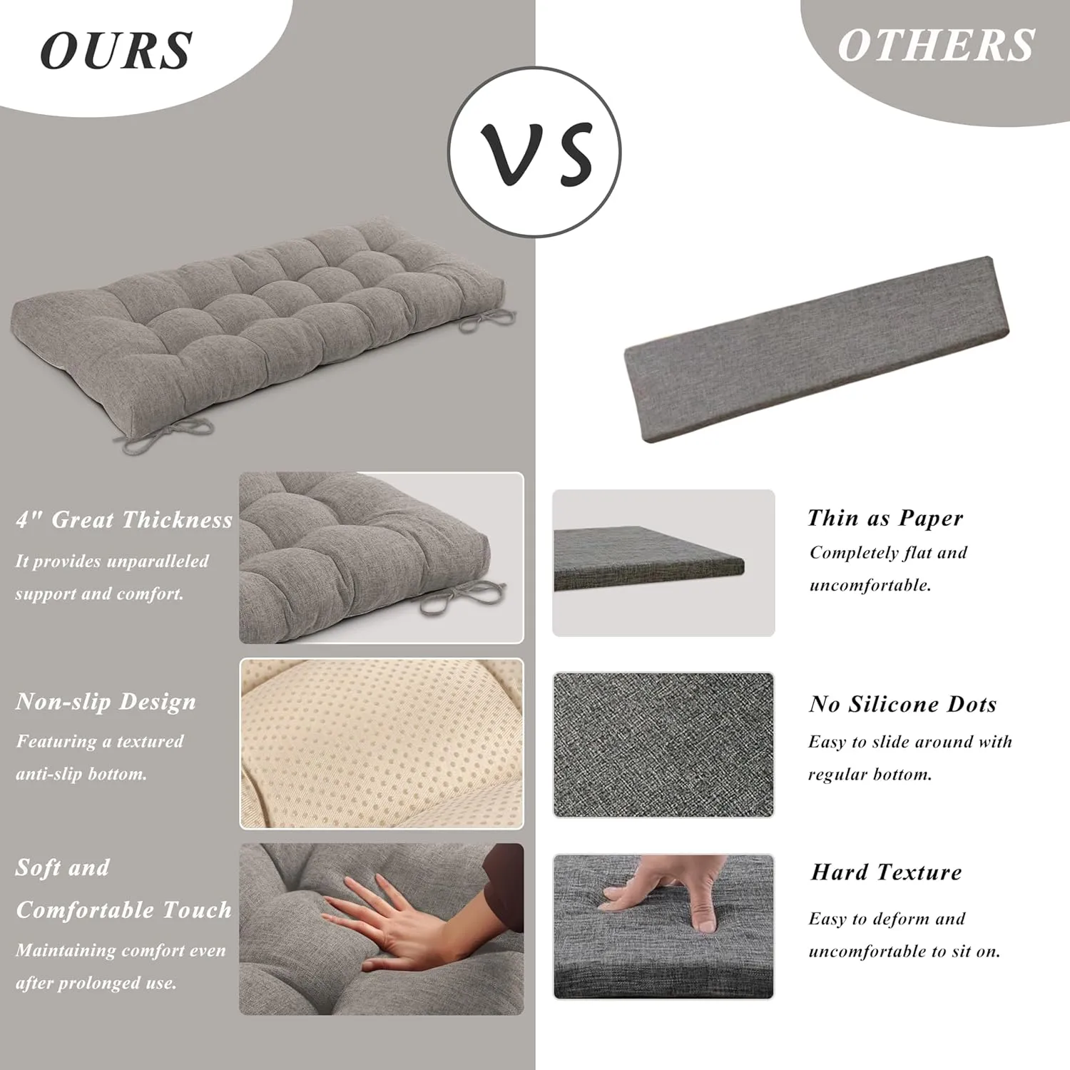 Bench Cushion for Indoor Furniture 48 x 19 inch Rectangle Bench Seat Cushion for Bay Window Entryway Bench Thick Textured Chair Cushion with Non-Slip Backing 1 Pack, Light Grey
