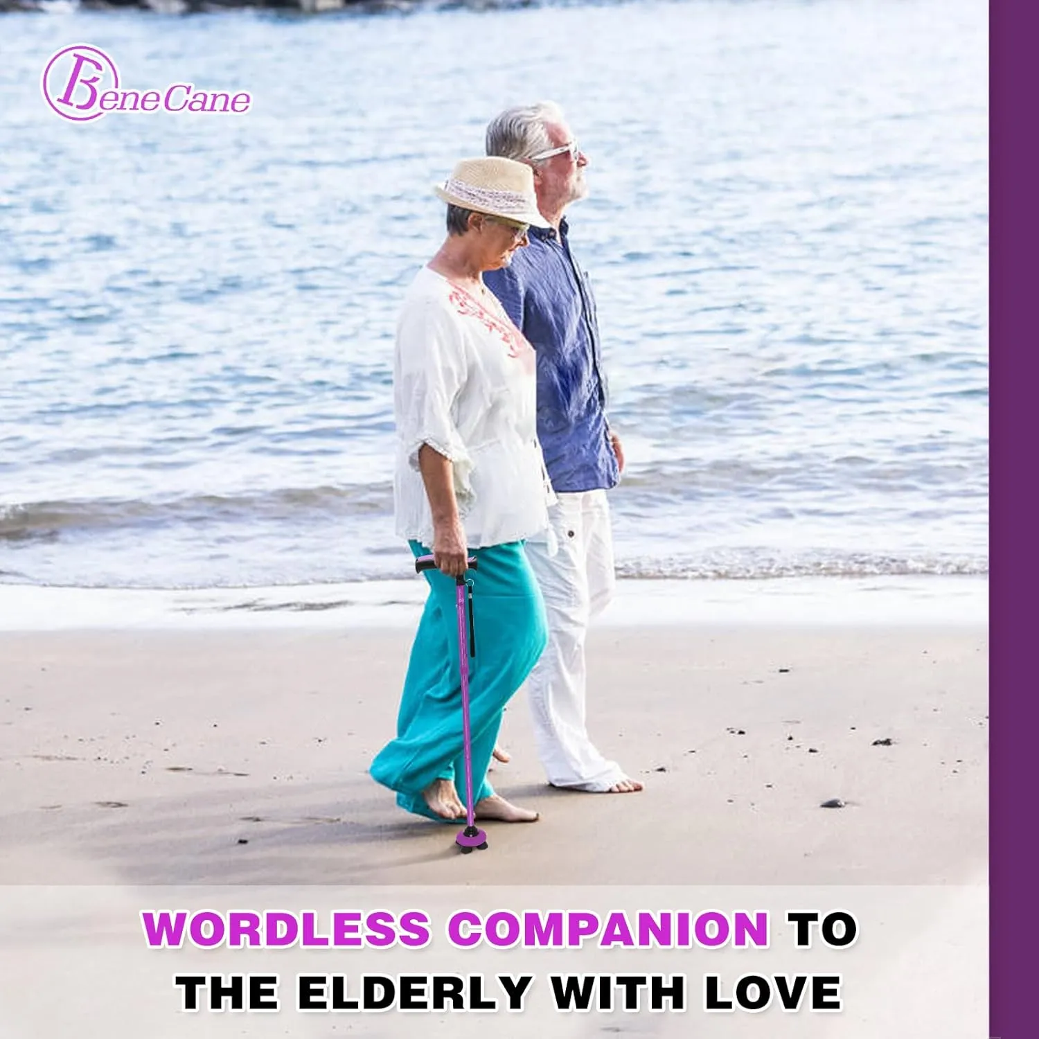 BeneCane Walking Cane for Men & Women Walking Stick for Seniors Folding Canes Quad Cane Adjustable Lightweight Sturdy Collapsible Heavy Duty with Soft TPR T-Handle and Travel Bag