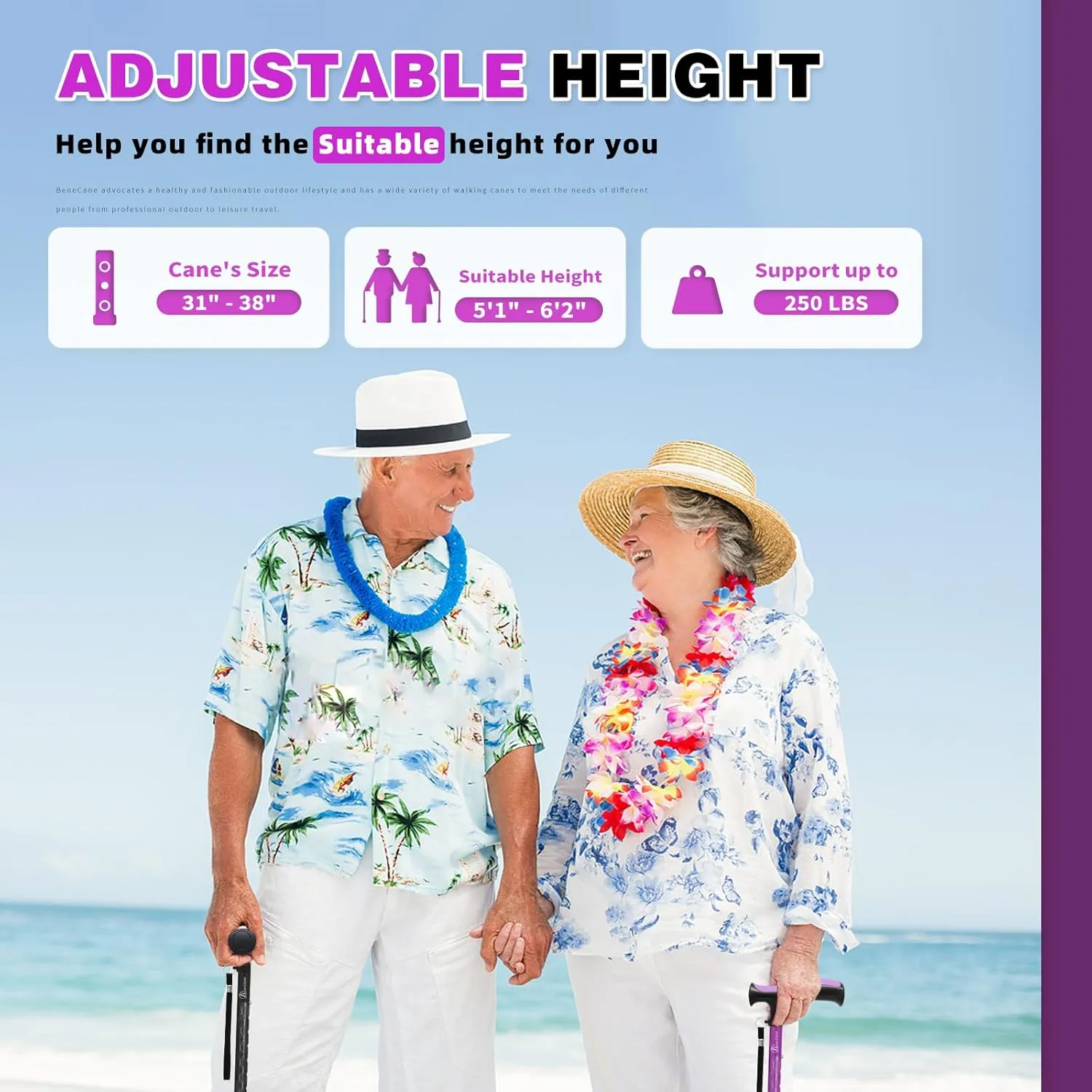 BeneCane Walking Cane for Men & Women Walking Stick for Seniors Folding Canes Quad Cane Adjustable Lightweight Sturdy Collapsible Heavy Duty with Soft TPR T-Handle and Travel Bag