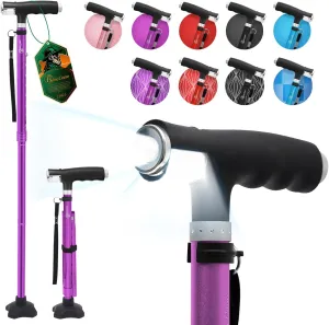 BeneCane Walking Cane for Women Folding Cane for Men with Two Led Lights Quad Cane with Stable Base Lightweight and Adjustable Walking Stick