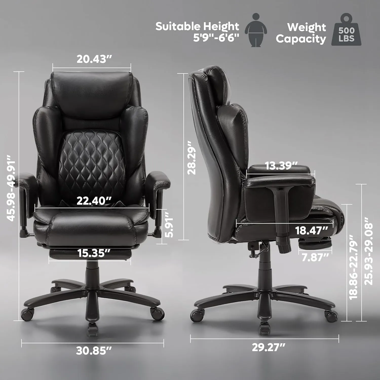 Bestier Home Office Chair High-Back, 500lbs Big and Tall Office Chair Wide Seat with Foot Rest, Comfy Computer Chair with Lumbar Support, Reclining and Heavy Duty Metal Base (Black PU Leather)