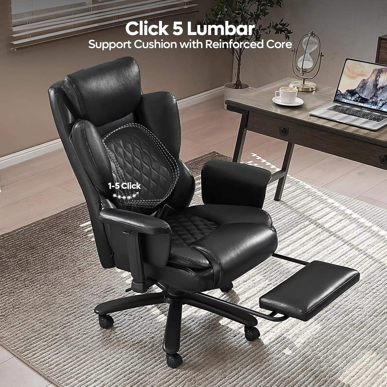Bestier Home Office Chair High-Back, 500lbs Big and Tall Office Chair Wide Seat with Foot Rest, Comfy Computer Chair with Lumbar Support, Reclining and Heavy Duty Metal Base (Black PU Leather)