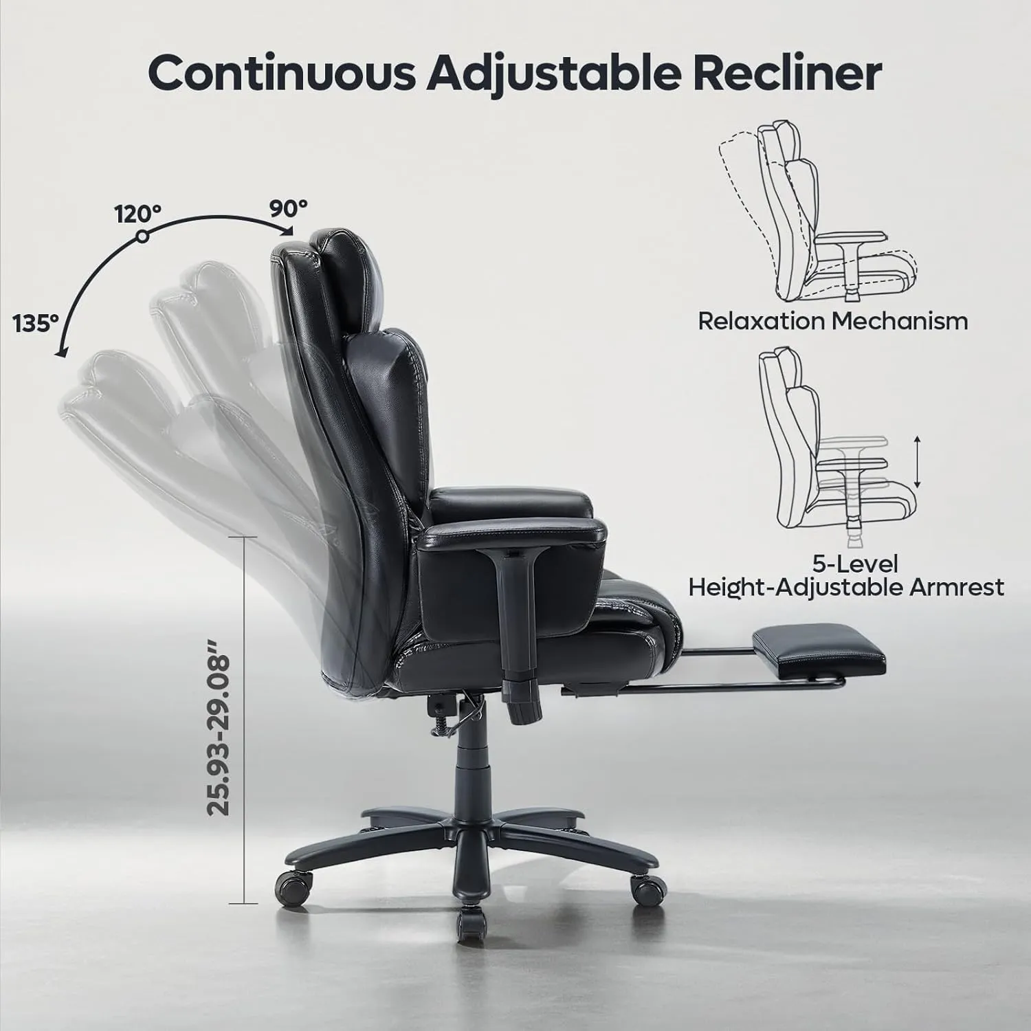 Bestier Home Office Chair High-Back, 500lbs Big and Tall Office Chair Wide Seat with Foot Rest, Comfy Computer Chair with Lumbar Support, Reclining and Heavy Duty Metal Base (Black PU Leather)