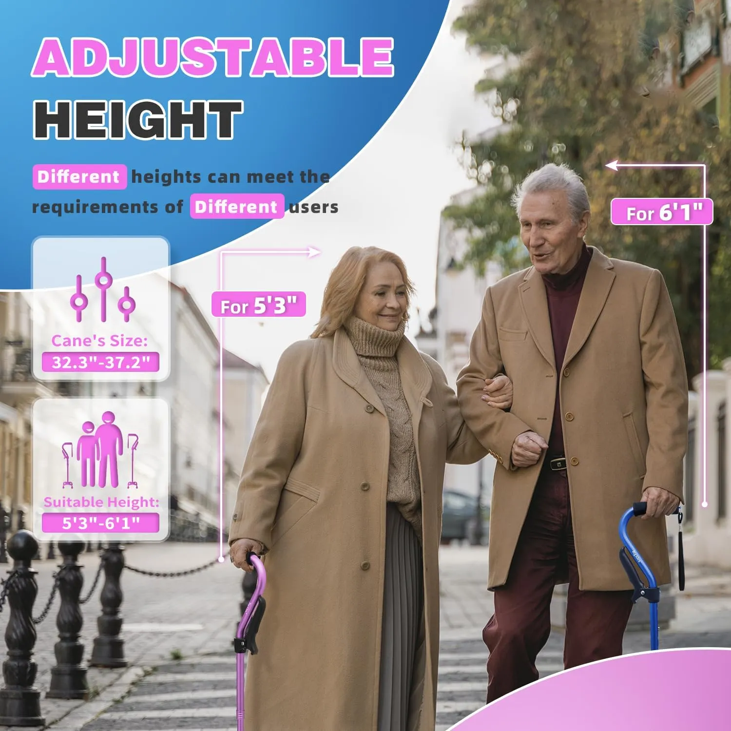 BigAlex Walking Cane, Adjustable Quad Cane with 4-Pronged Base for Elderly, Collapsible Walking Stick with Lift Handle, Canes with Foam Padding Grip for Men Women and Seniors