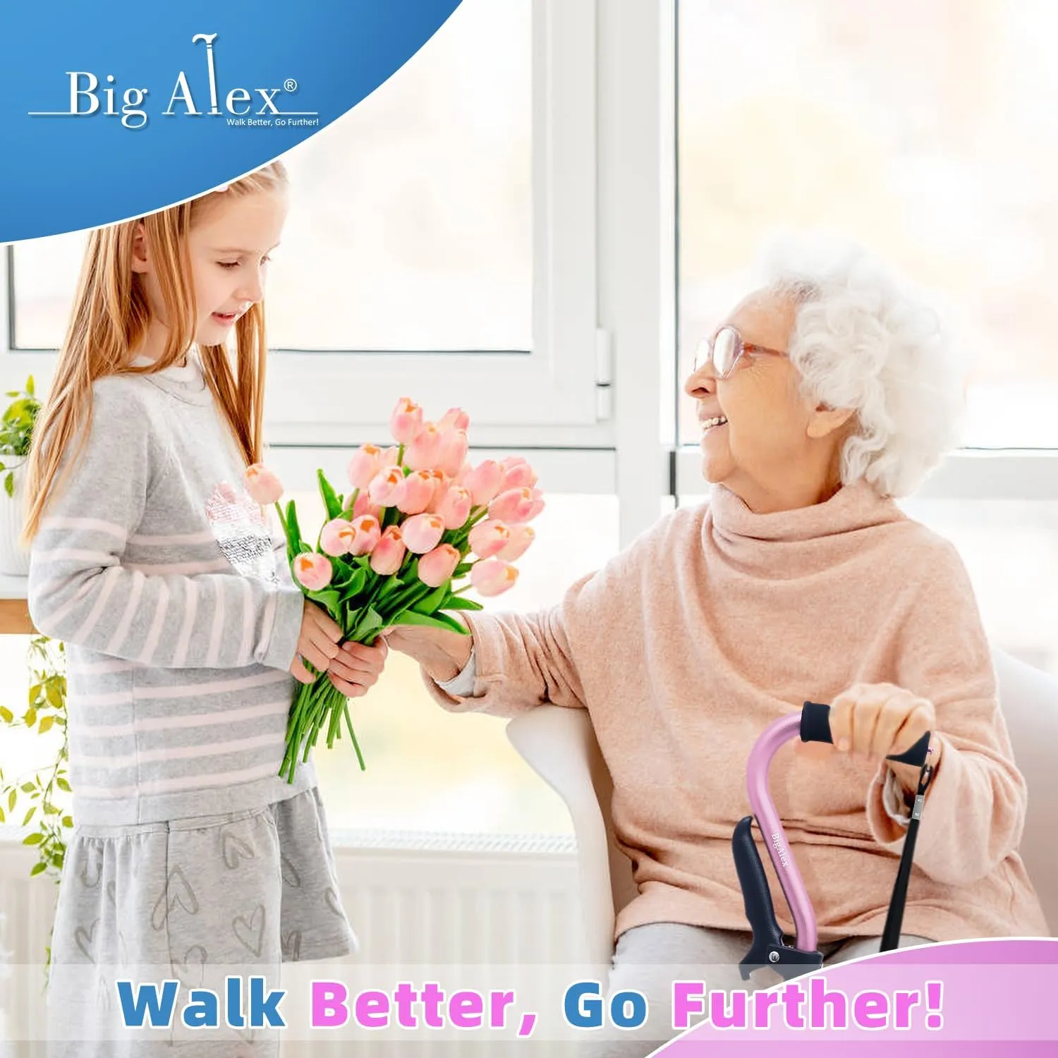 BigAlex Walking Cane, Adjustable Quad Cane with 4-Pronged Base for Elderly, Collapsible Walking Stick with Lift Handle, Canes with Foam Padding Grip for Men Women and Seniors