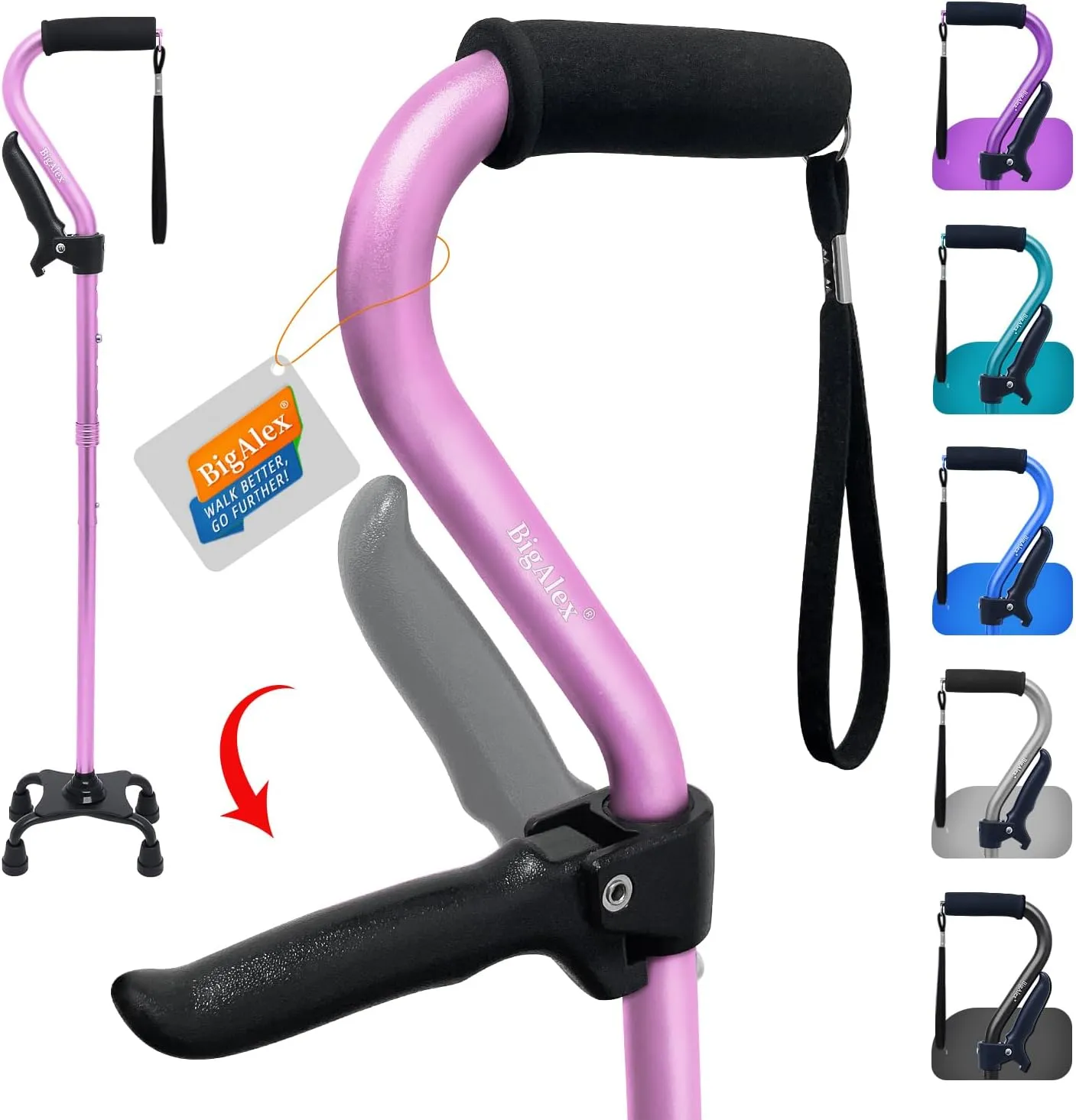 BigAlex Walking Cane, Adjustable Quad Cane with 4-Pronged Base for Elderly, Collapsible Walking Stick with Lift Handle, Canes with Foam Padding Grip for Men Women and Seniors