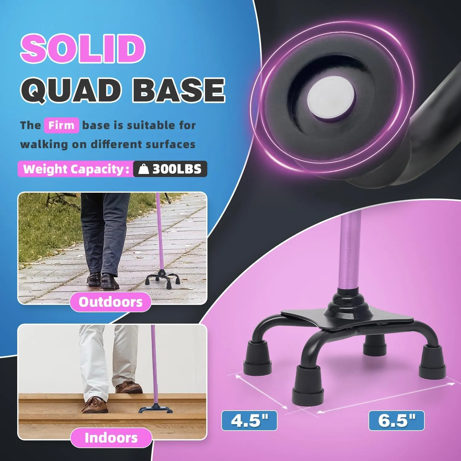 BigAlex Walking Cane, Adjustable Quad Cane with 4-Pronged Base for Elderly, Collapsible Walking Stick with Lift Handle, Canes with Foam Padding Grip for Men Women and Seniors