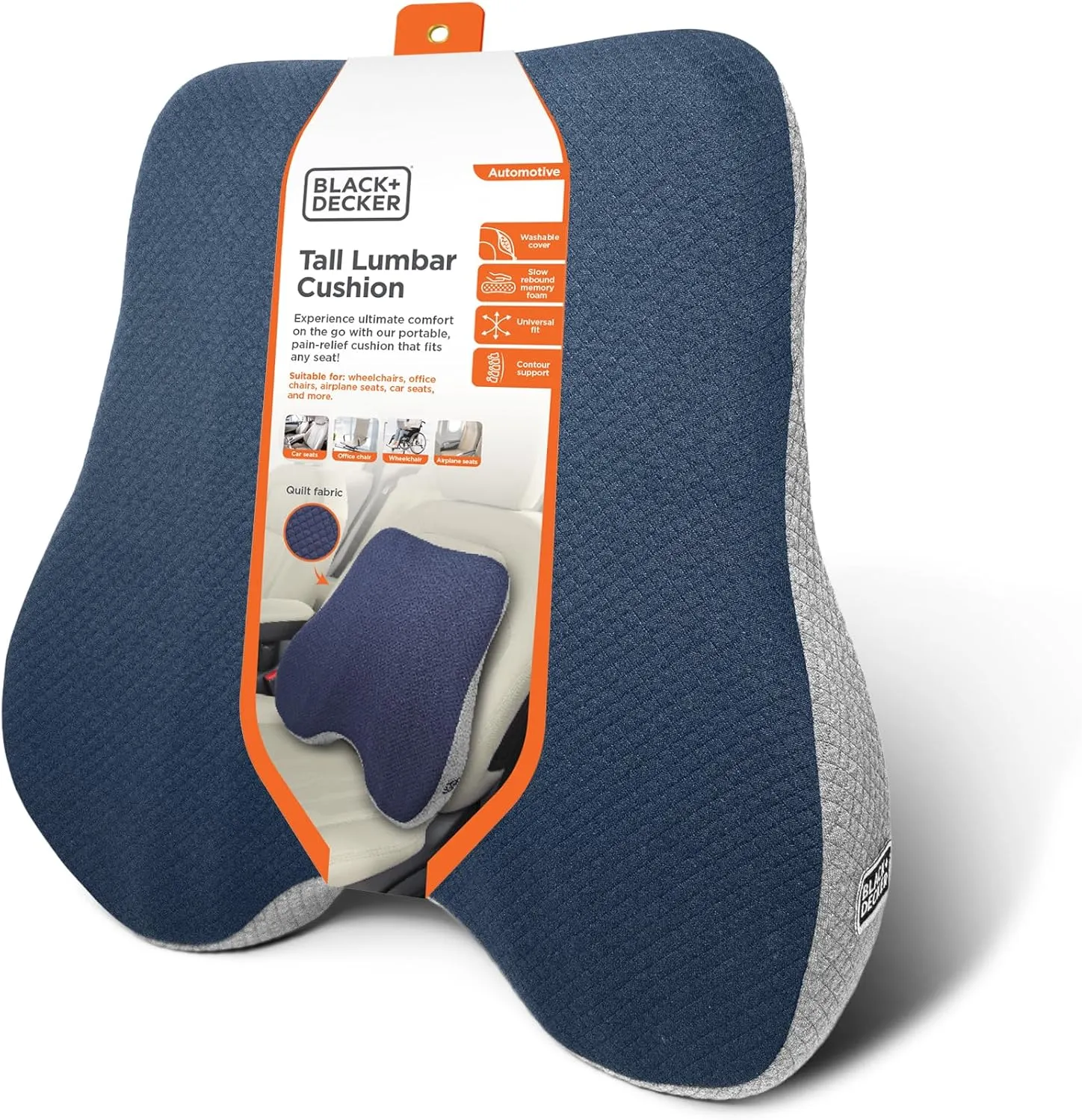 BLACK DECKER Memory Foam Lumbar Support Pillow – Lumbar Cushion for Office, Car, Wheelchair & Airplane – Ergonomic, Pain Relief, Adjustable Strap, Washable Cover, Blue