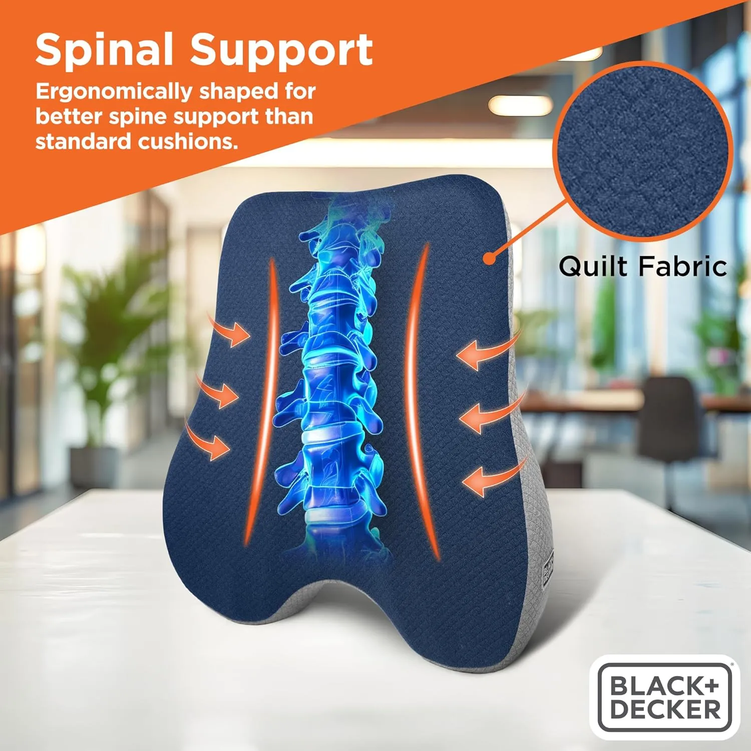 BLACK DECKER Memory Foam Lumbar Support Pillow – Lumbar Cushion for Office, Car, Wheelchair & Airplane – Ergonomic, Pain Relief, Adjustable Strap, Washable Cover, Blue