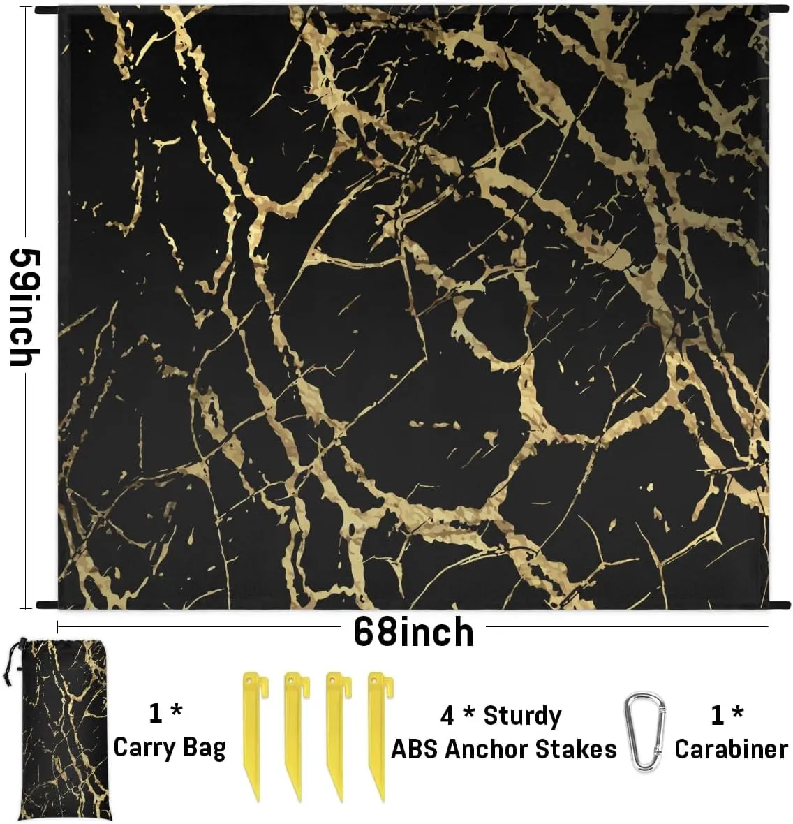 Black Gold Marble Beach Blanket, Sandproof Beach Mat, 68 x 59 Waterproof Quick Drying Sand Free Mat with 4 x Ground Spikes for Outdoor Travel Camping Hiking, Marble Texture