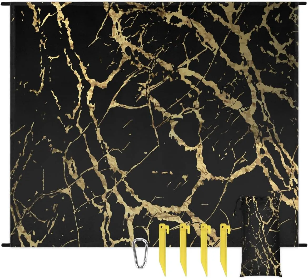 Black Gold Marble Beach Blanket, Sandproof Beach Mat, 68 x 59 Waterproof Quick Drying Sand Free Mat with 4 x Ground Spikes for Outdoor Travel Camping Hiking, Marble Texture