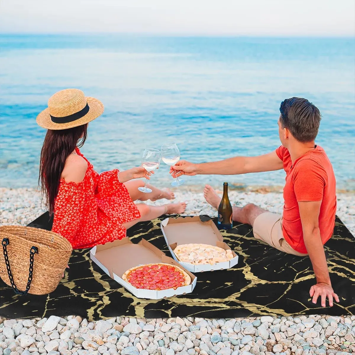 Black Gold Marble Beach Blanket, Sandproof Beach Mat, 68 x 59 Waterproof Quick Drying Sand Free Mat with 4 x Ground Spikes for Outdoor Travel Camping Hiking, Marble Texture