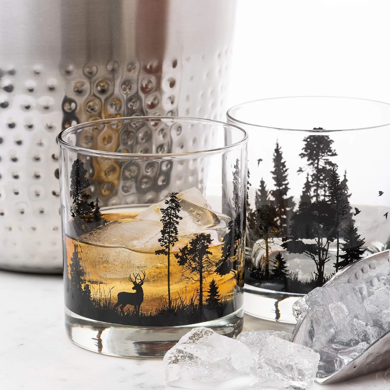 Black Lantern Whiskey Glasses - Set of 2 Old Fashioned Tumbler Glasses - Forest Animal Landscape Drinking Glasses for Cocktails Whiskey Scotch and Bourbon - Two Premium 11oz. Whiskey Glasses
