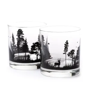 Black Lantern Whiskey Glasses - Set of 2 Old Fashioned Tumbler Glasses - Forest Animal Landscape Drinking Glasses for Cocktails Whiskey Scotch and Bourbon - Two Premium 11oz. Whiskey Glasses