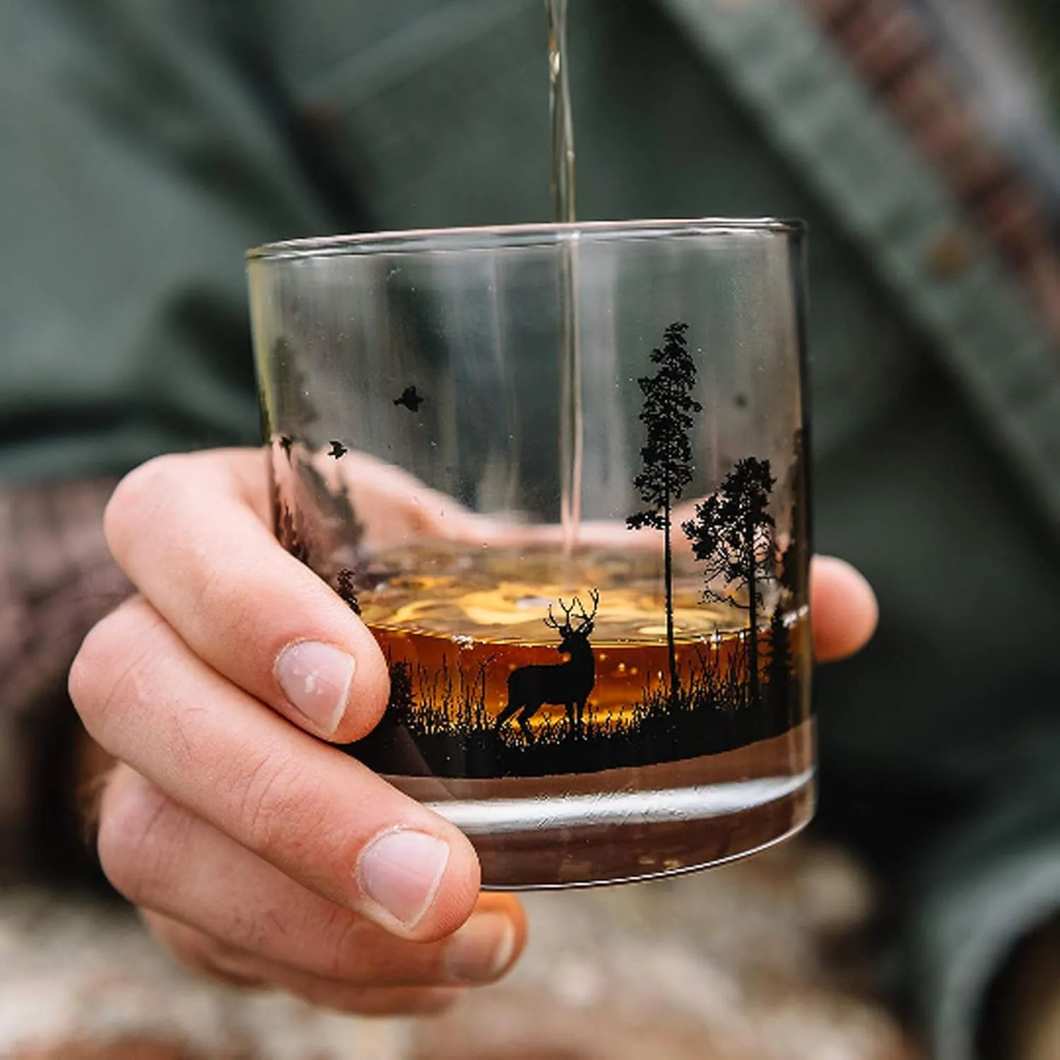 Black Lantern Whiskey Glasses - Set of 2 Old Fashioned Tumbler Glasses - Forest Animal Landscape Drinking Glasses for Cocktails Whiskey Scotch and Bourbon - Two Premium 11oz. Whiskey Glasses