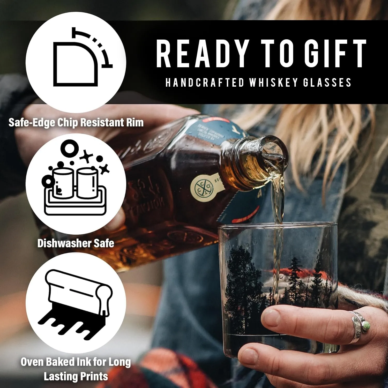 Black Lantern Whiskey Glasses - Set of 2 Old Fashioned Tumbler Glasses - Forest Animal Landscape Drinking Glasses for Cocktails Whiskey Scotch and Bourbon - Two Premium 11oz. Whiskey Glasses