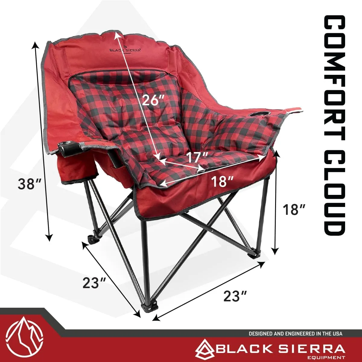 Black Sierra Plush XL Camping Chair for Adults, Oversized Outdoor Folding Chair Supports 400 lbs, Heavy Duty Padded Seat with Cup Holders and Carry Bag, Perfect for Tailgating, Sports, or Patio Use