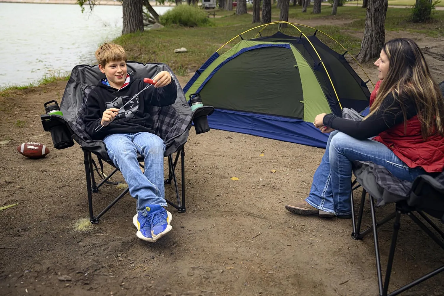 Black Sierra Plush XL Camping Chair for Adults, Oversized Outdoor Folding Chair Supports 400 lbs, Heavy Duty Padded Seat with Cup Holders and Carry Bag, Perfect for Tailgating, Sports, or Patio Use
