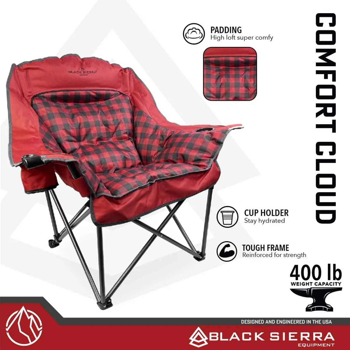 Black Sierra Plush XL Camping Chair for Adults, Oversized Outdoor Folding Chair Supports 400 lbs, Heavy Duty Padded Seat with Cup Holders and Carry Bag, Perfect for Tailgating, Sports, or Patio Use
