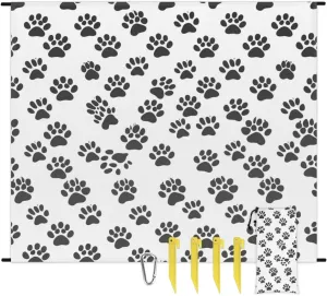 Black White Paw Print Beach Blanket, Sandproof Beach Mat, Adults Waterproof Quick Drying Sand Free Mat with 4 x Ground Spikes for Outdoor Travel Camping Hiking, Cute Dog Cat Pet Paw